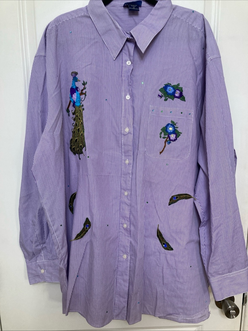 Las Olas 3X Purple Striped Embroidered Peacock Button Down Shirt Blouse